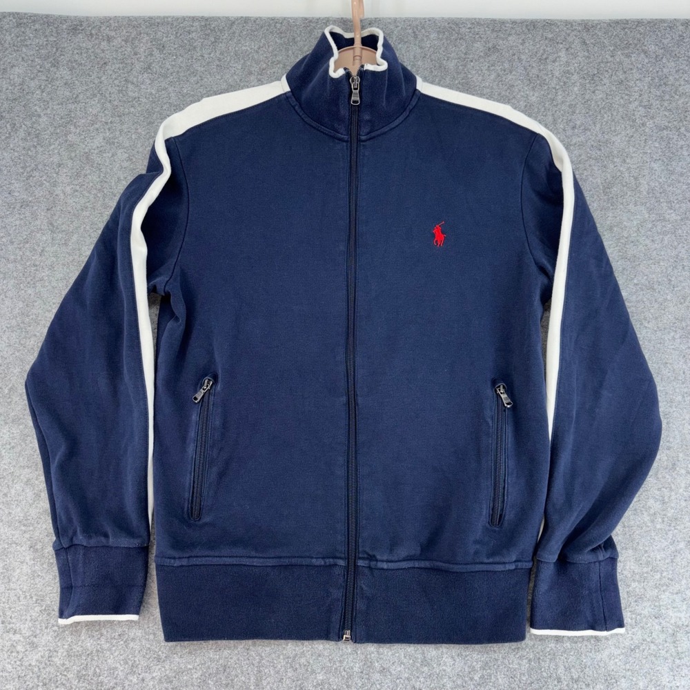 Polo Ralph Lauren Navy Blue Full Zip Track Jacket White Stripes Red Pony XS